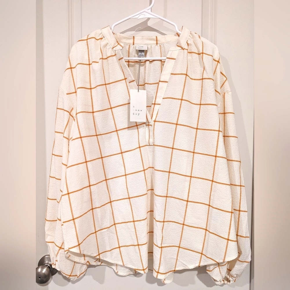 Off-White & Orange Striped Windowpane Blouse - A New Day from Target - XL NWT